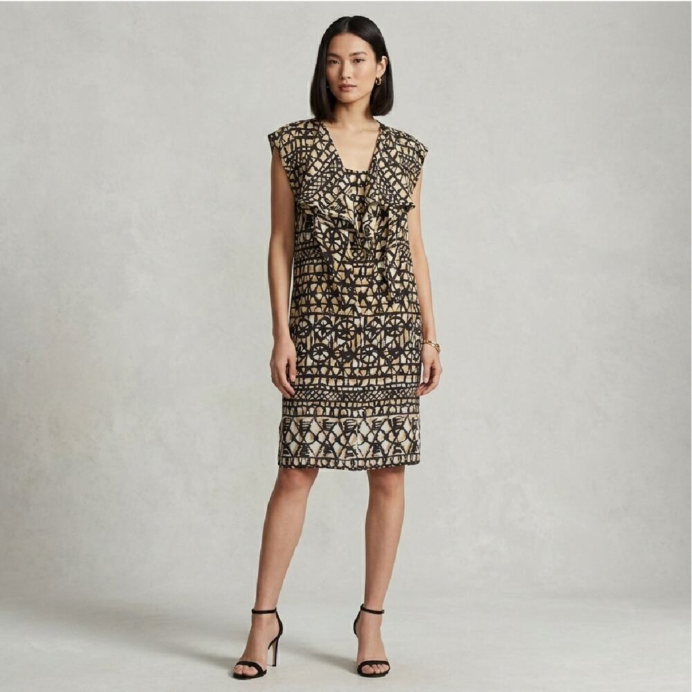 MAX MARA Italian Silk Shift Dress Black Tan Tribal Abstract Printed Waterfall